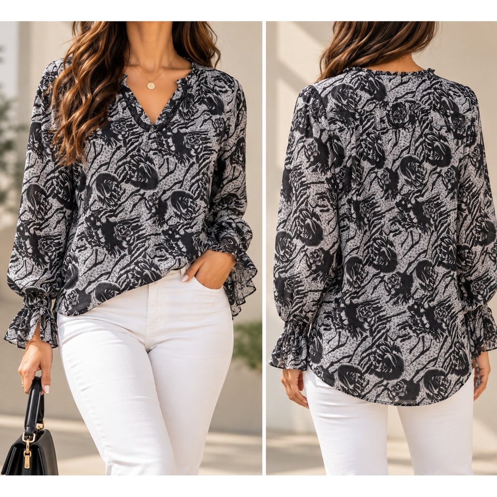 Moments Womens Black White Floral Rose Print V-Neck Ruffle Sleeve Blouse Large